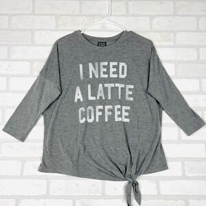 Modern Lux Womens Grey I Need A Latte Coffee Tie Front Graphic Top Small